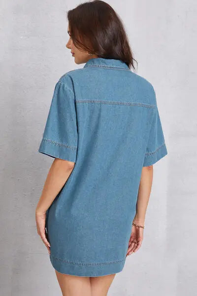 Blue Zone Planet |  Pocketed Collared Neck Mini Denim Dress BLUE ZONE PLANET