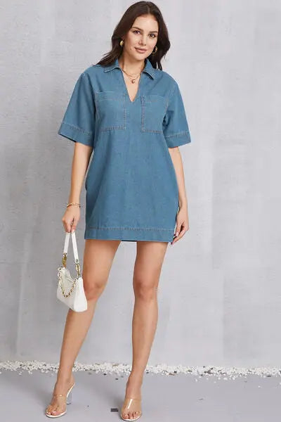 Blue Zone Planet |  Pocketed Collared Neck Mini Denim Dress BLUE ZONE PLANET