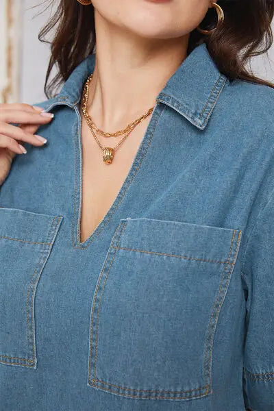 Blue Zone Planet |  Pocketed Collared Neck Mini Denim Dress BLUE ZONE PLANET