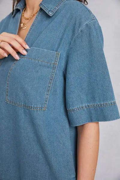 Blue Zone Planet |  Pocketed Collared Neck Mini Denim Dress BLUE ZONE PLANET