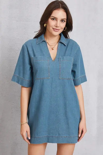 Blue Zone Planet |  Pocketed Collared Neck Mini Denim Dress BLUE ZONE PLANET