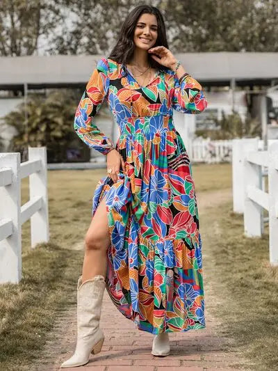 Blue Zone Planet |  Printed Smocked Tie Neck Balloon Sleeve Maxi Dress BLUE ZONE PLANET