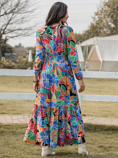 Blue Zone Planet |  Printed Smocked Tie Neck Balloon Sleeve Maxi Dress BLUE ZONE PLANET