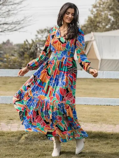 Blue Zone Planet |  Printed Smocked Tie Neck Balloon Sleeve Maxi Dress BLUE ZONE PLANET