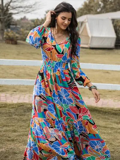 Blue Zone Planet |  Printed Smocked Tie Neck Balloon Sleeve Maxi Dress BLUE ZONE PLANET