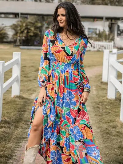 Blue Zone Planet |  Printed Smocked Tie Neck Balloon Sleeve Maxi Dress BLUE ZONE PLANET