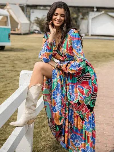 Blue Zone Planet |  Printed Smocked Tie Neck Balloon Sleeve Maxi Dress BLUE ZONE PLANET