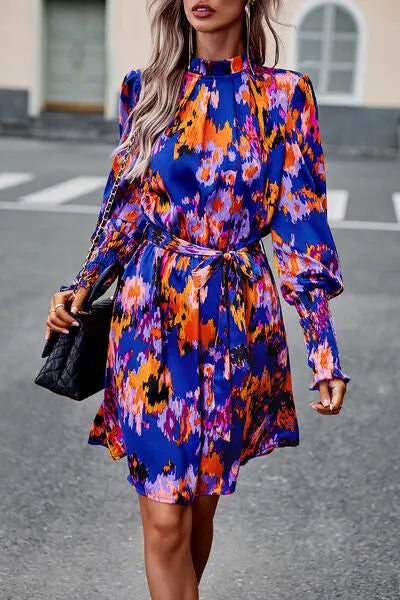 Blue Zone Planet |  Printed Tie Waist Mock Neck Lantern Sleeve Dress BLUE ZONE PLANET