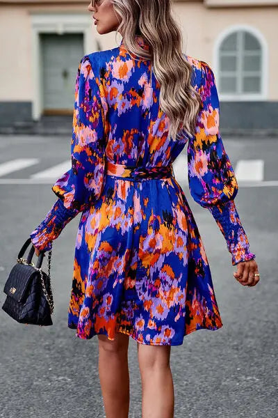 Blue Zone Planet |  Printed Tie Waist Mock Neck Lantern Sleeve Dress BLUE ZONE PLANET