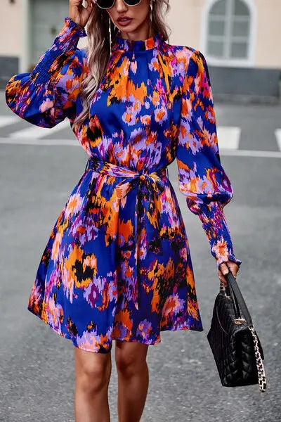 Blue Zone Planet |  Printed Tie Waist Mock Neck Lantern Sleeve Dress BLUE ZONE PLANET