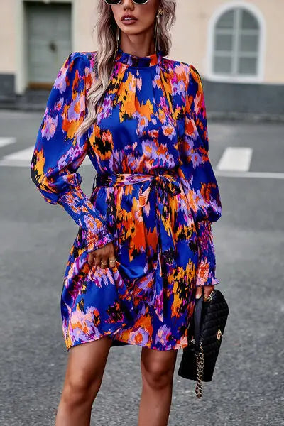 Blue Zone Planet |  Printed Tie Waist Mock Neck Lantern Sleeve Dress BLUE ZONE PLANET
