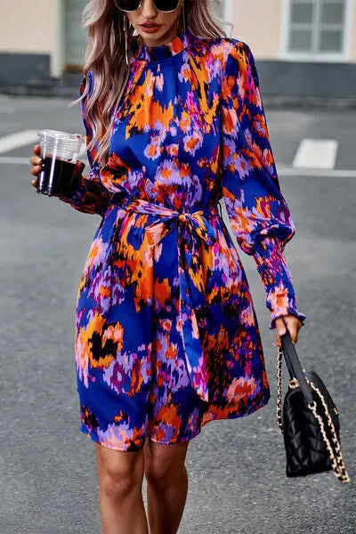 Blue Zone Planet |  Printed Tie Waist Mock Neck Lantern Sleeve Dress BLUE ZONE PLANET