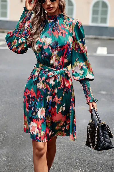 Blue Zone Planet |  Printed Tie Waist Mock Neck Lantern Sleeve Dress BLUE ZONE PLANET