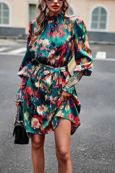 Blue Zone Planet |  Printed Tie Waist Mock Neck Lantern Sleeve Dress BLUE ZONE PLANET