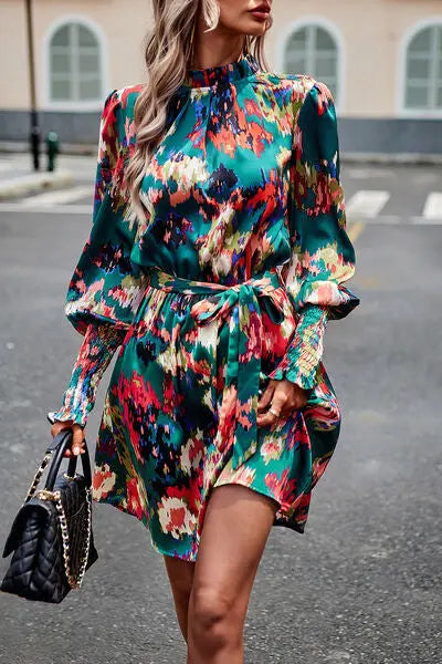 Blue Zone Planet |  Printed Tie Waist Mock Neck Lantern Sleeve Dress BLUE ZONE PLANET