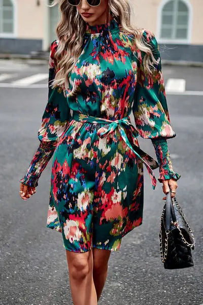 Blue Zone Planet |  Printed Tie Waist Mock Neck Lantern Sleeve Dress BLUE ZONE PLANET