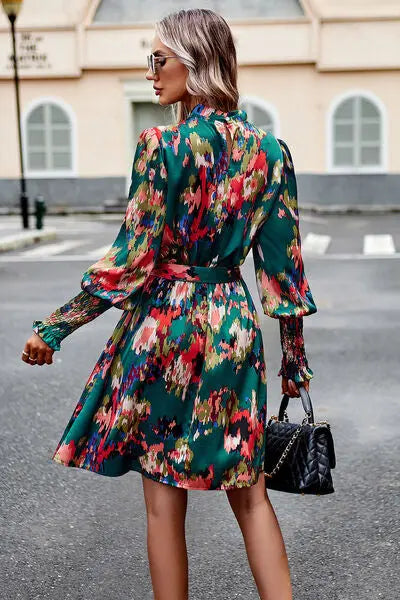 Blue Zone Planet |  Printed Tie Waist Mock Neck Lantern Sleeve Dress BLUE ZONE PLANET
