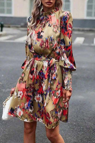 Blue Zone Planet |  Printed Tie Waist Mock Neck Lantern Sleeve Dress BLUE ZONE PLANET
