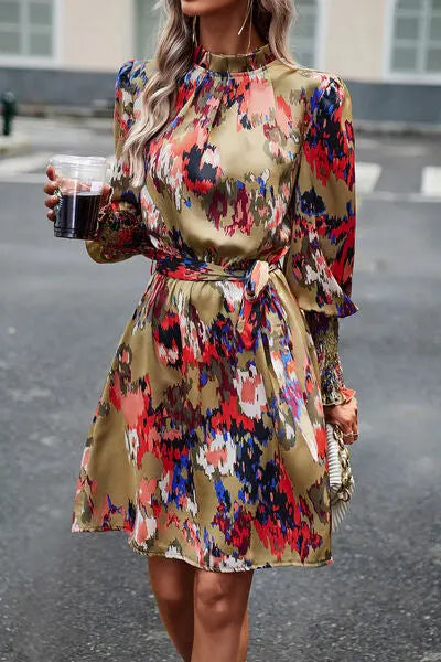 Blue Zone Planet |  Printed Tie Waist Mock Neck Lantern Sleeve Dress BLUE ZONE PLANET