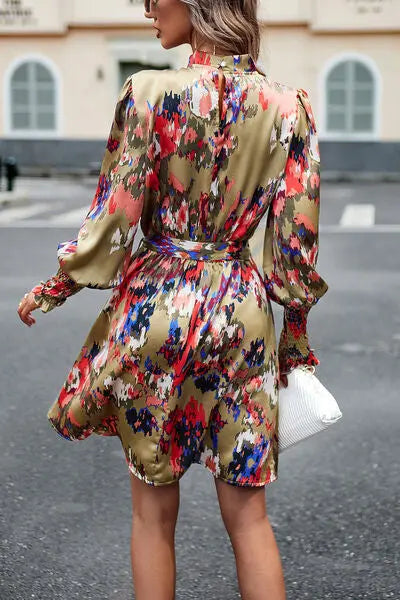 Blue Zone Planet |  Printed Tie Waist Mock Neck Lantern Sleeve Dress BLUE ZONE PLANET
