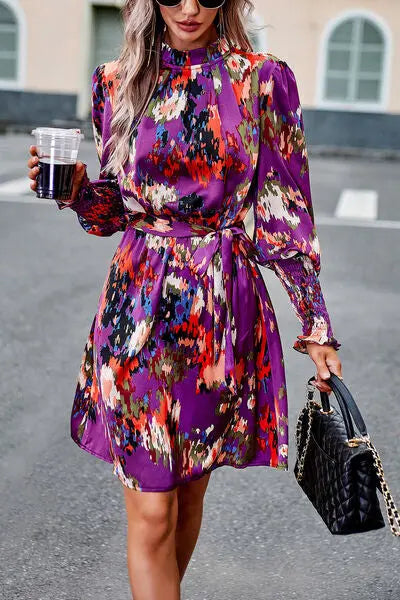Blue Zone Planet |  Printed Tie Waist Mock Neck Lantern Sleeve Dress BLUE ZONE PLANET