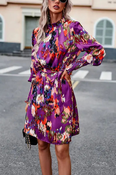 Blue Zone Planet |  Printed Tie Waist Mock Neck Lantern Sleeve Dress BLUE ZONE PLANET