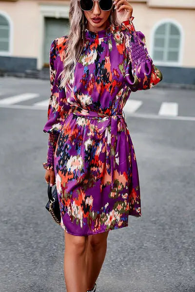 Blue Zone Planet |  Printed Tie Waist Mock Neck Lantern Sleeve Dress BLUE ZONE PLANET