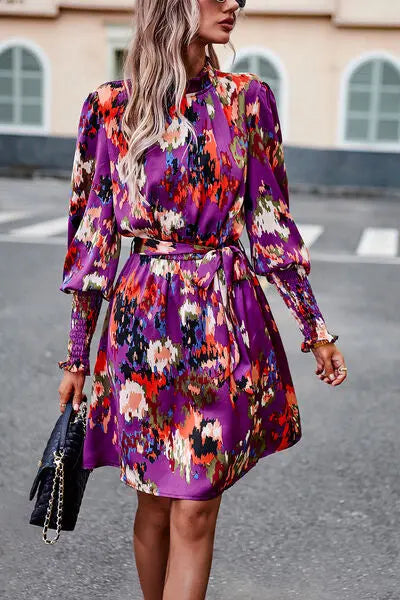 Blue Zone Planet |  Printed Tie Waist Mock Neck Lantern Sleeve Dress BLUE ZONE PLANET