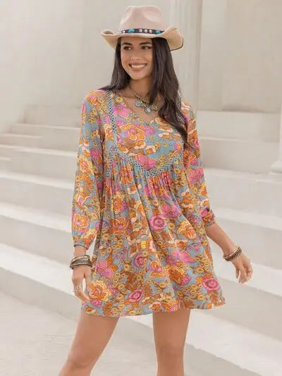 Blue Zone Planet |  Printed V-Neck Balloon Sleeve Mini Dress BLUE ZONE PLANET