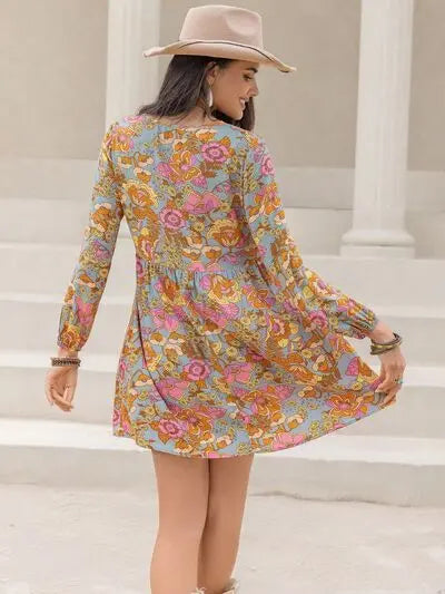 Blue Zone Planet |  Printed V-Neck Balloon Sleeve Mini Dress BLUE ZONE PLANET