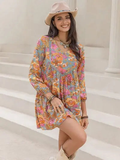 Blue Zone Planet |  Printed V-Neck Balloon Sleeve Mini Dress BLUE ZONE PLANET