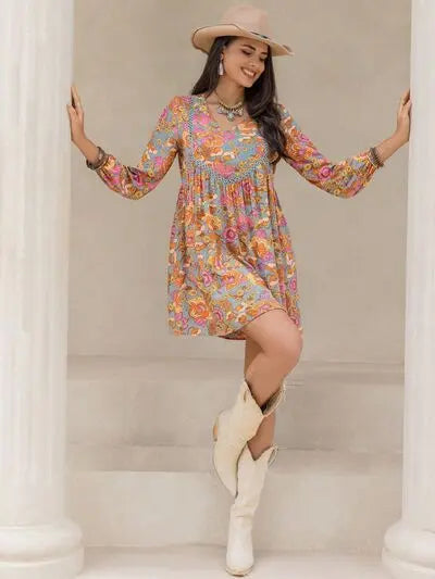 Blue Zone Planet |  Printed V-Neck Balloon Sleeve Mini Dress BLUE ZONE PLANET