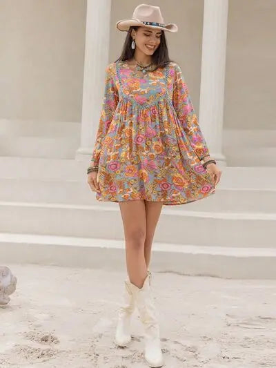 Blue Zone Planet |  Printed V-Neck Balloon Sleeve Mini Dress BLUE ZONE PLANET
