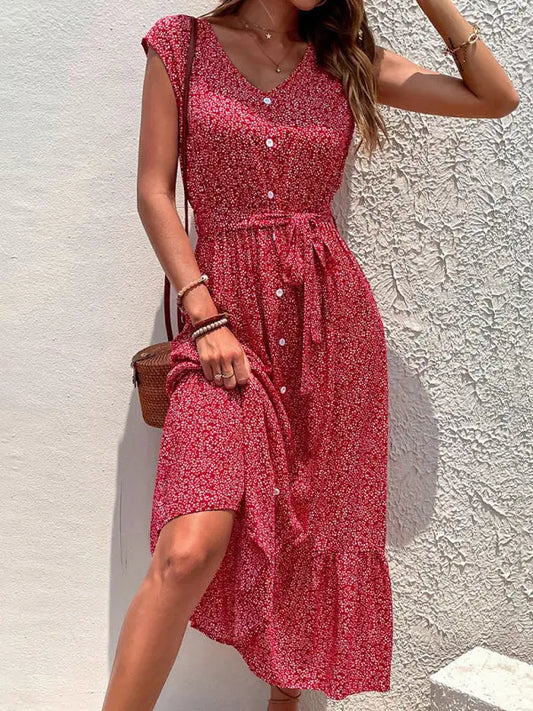 Blue Zone Planet |  Resort style printed ditsy short sleeve midi dress BLUE ZONE PLANET
