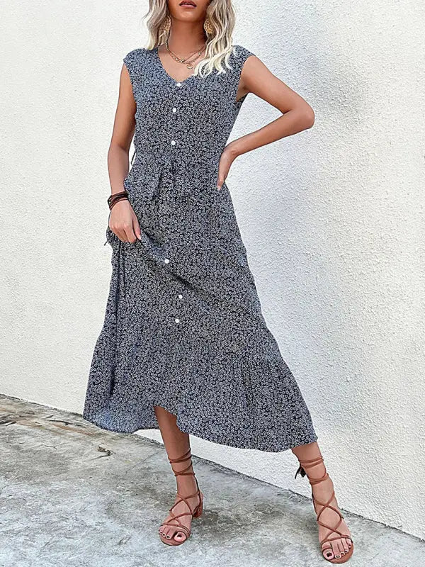 Blue Zone Planet |  Resort style printed ditsy short sleeve midi dress BLUE ZONE PLANET