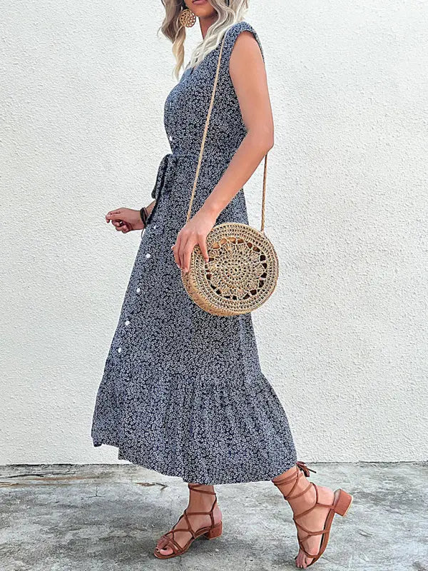 Blue Zone Planet |  Resort style printed ditsy short sleeve midi dress BLUE ZONE PLANET