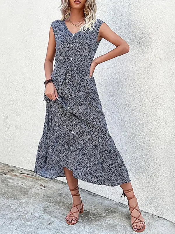 Blue Zone Planet |  Resort style printed ditsy short sleeve midi dress BLUE ZONE PLANET