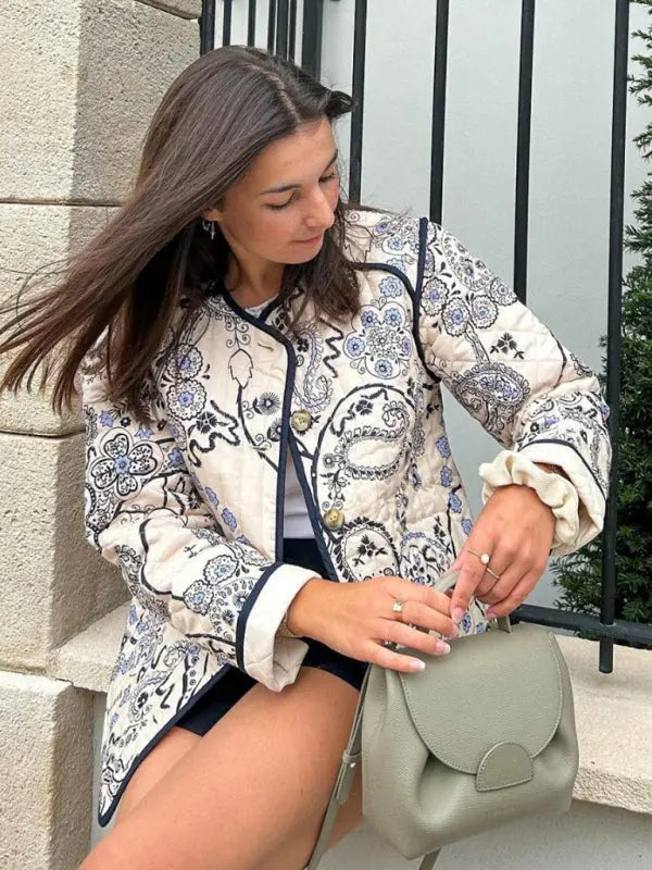 Blue Zone Planet |  Retro patchwork printed O-neck long sleeve pocket short coat BLUE ZONE PLANET