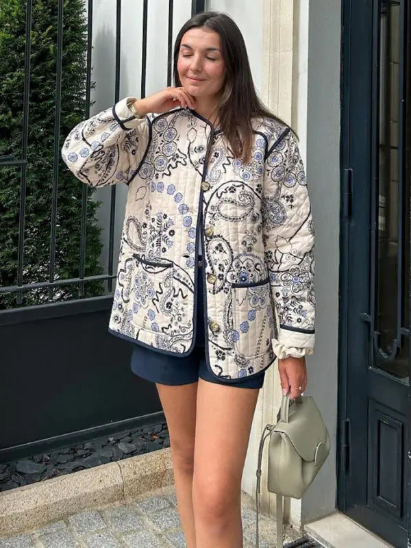 Blue Zone Planet |  Retro patchwork printed O-neck long sleeve pocket short coat BLUE ZONE PLANET