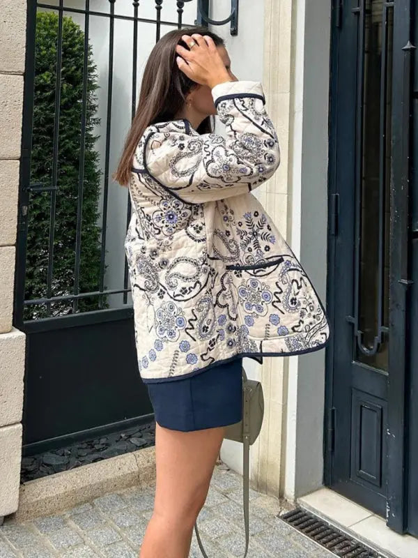 Blue Zone Planet |  Retro patchwork printed O-neck long sleeve pocket short coat BLUE ZONE PLANET