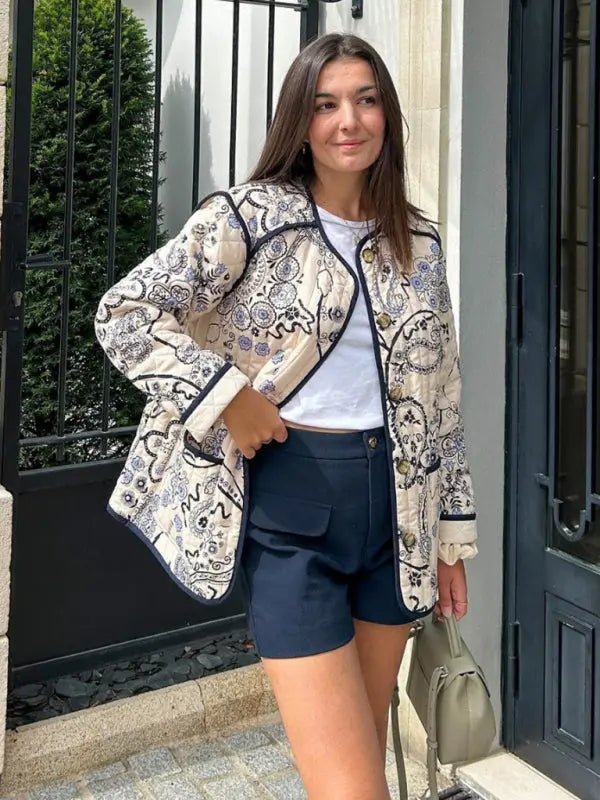 Blue Zone Planet |  Retro patchwork printed O-neck long sleeve pocket short coat BLUE ZONE PLANET