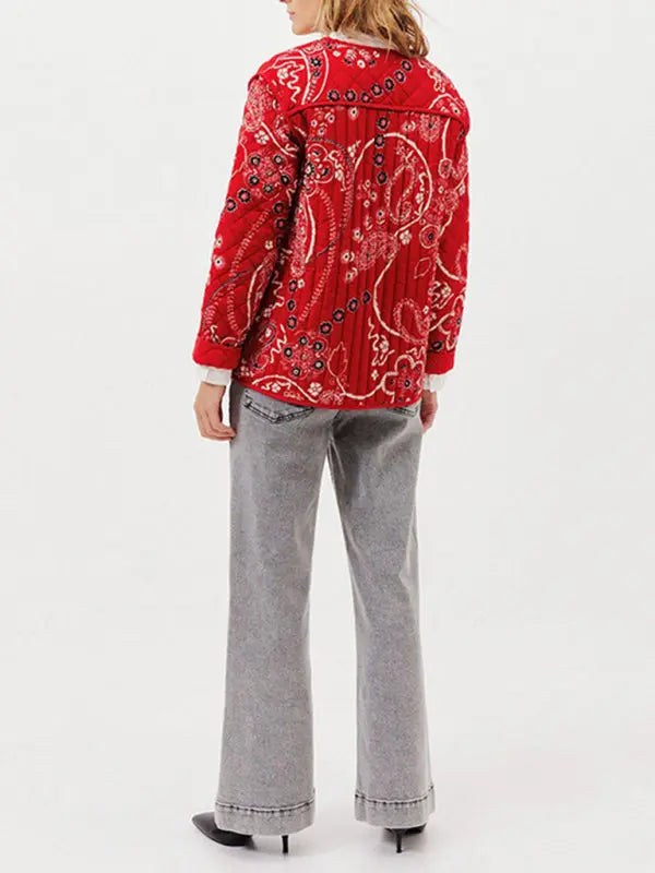 Blue Zone Planet |  Retro patchwork printed cotton O-neck long sleeve pocket short coat BLUE ZONE PLANET