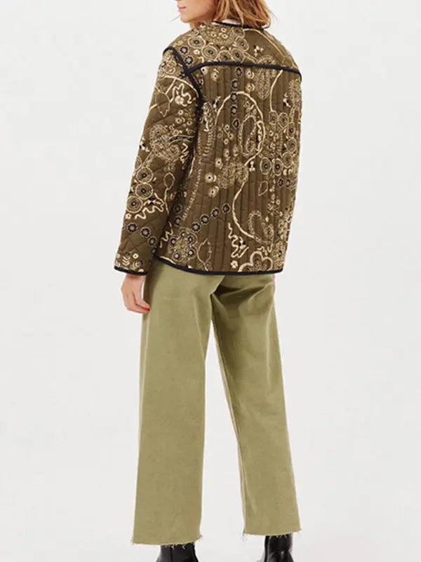 Blue Zone Planet |  Retro patchwork printed cotton O-neck long sleeve pocket short coat BLUE ZONE PLANET