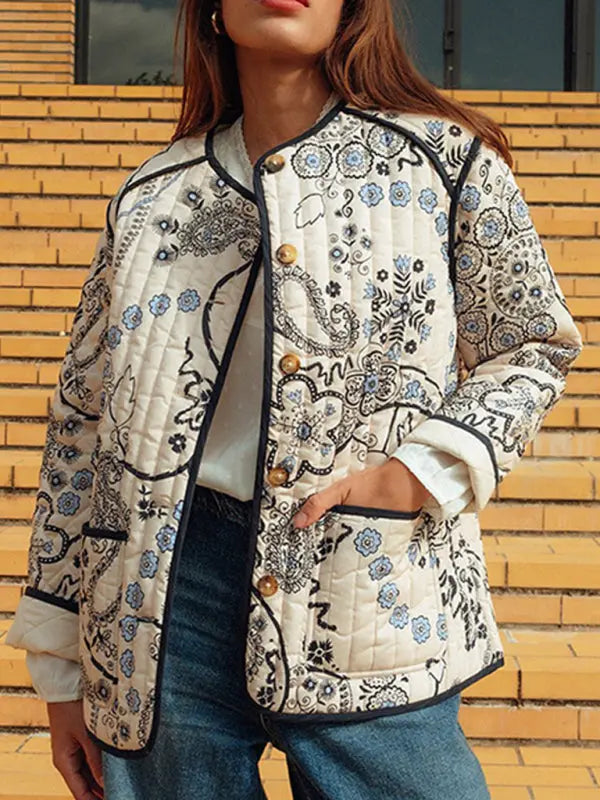 Blue Zone Planet |  Retro patchwork printed cotton O-neck long sleeve pocket short coat BLUE ZONE PLANET