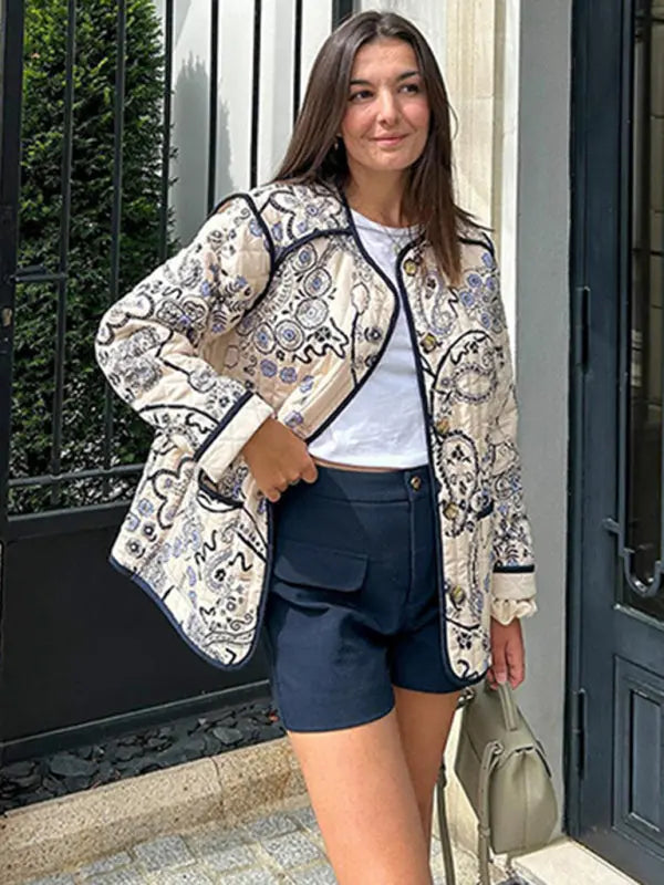 Blue Zone Planet |  Retro patchwork printed cotton O-neck long sleeve pocket short coat BLUE ZONE PLANET
