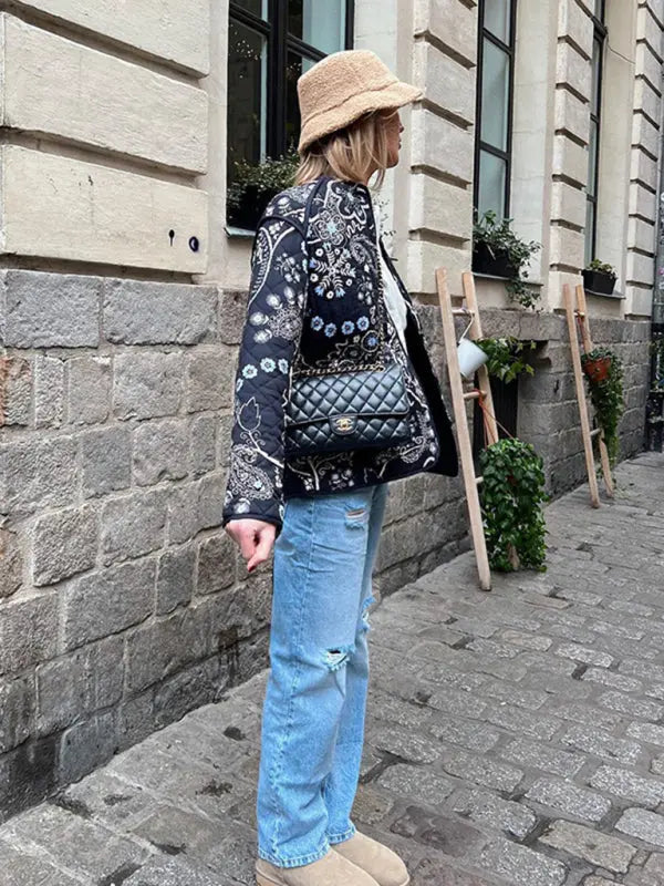 Blue Zone Planet |  Retro patchwork printed cotton O-neck long sleeve pocket short coat BLUE ZONE PLANET