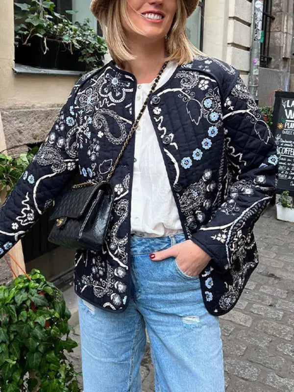Blue Zone Planet |  Retro patchwork printed cotton O-neck long sleeve pocket short coat BLUE ZONE PLANET