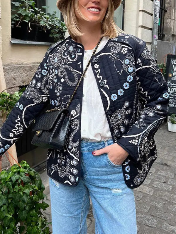 Blue Zone Planet |  Retro patchwork printed cotton O-neck long sleeve pocket short coat BLUE ZONE PLANET