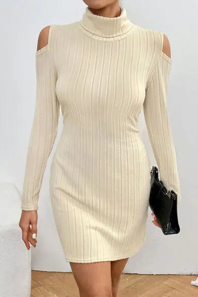 Blue Zone Planet |  Ribbed Turtleneck Cold Shoulder Long Sleeve Mini Dress BLUE ZONE PLANET