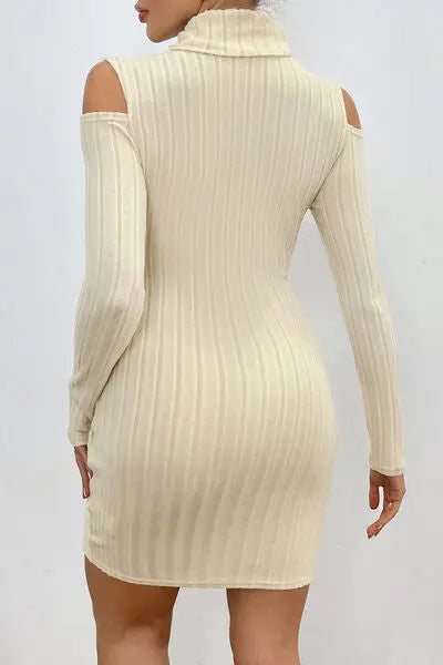 Blue Zone Planet |  Ribbed Turtleneck Cold Shoulder Long Sleeve Mini Dress BLUE ZONE PLANET